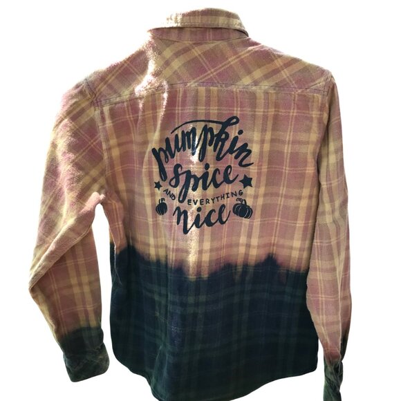 Bleached Flannel Autumn Shirt, Size Medium: Upcycled, Painted Pumpkin Spice - Picture 5 of 12